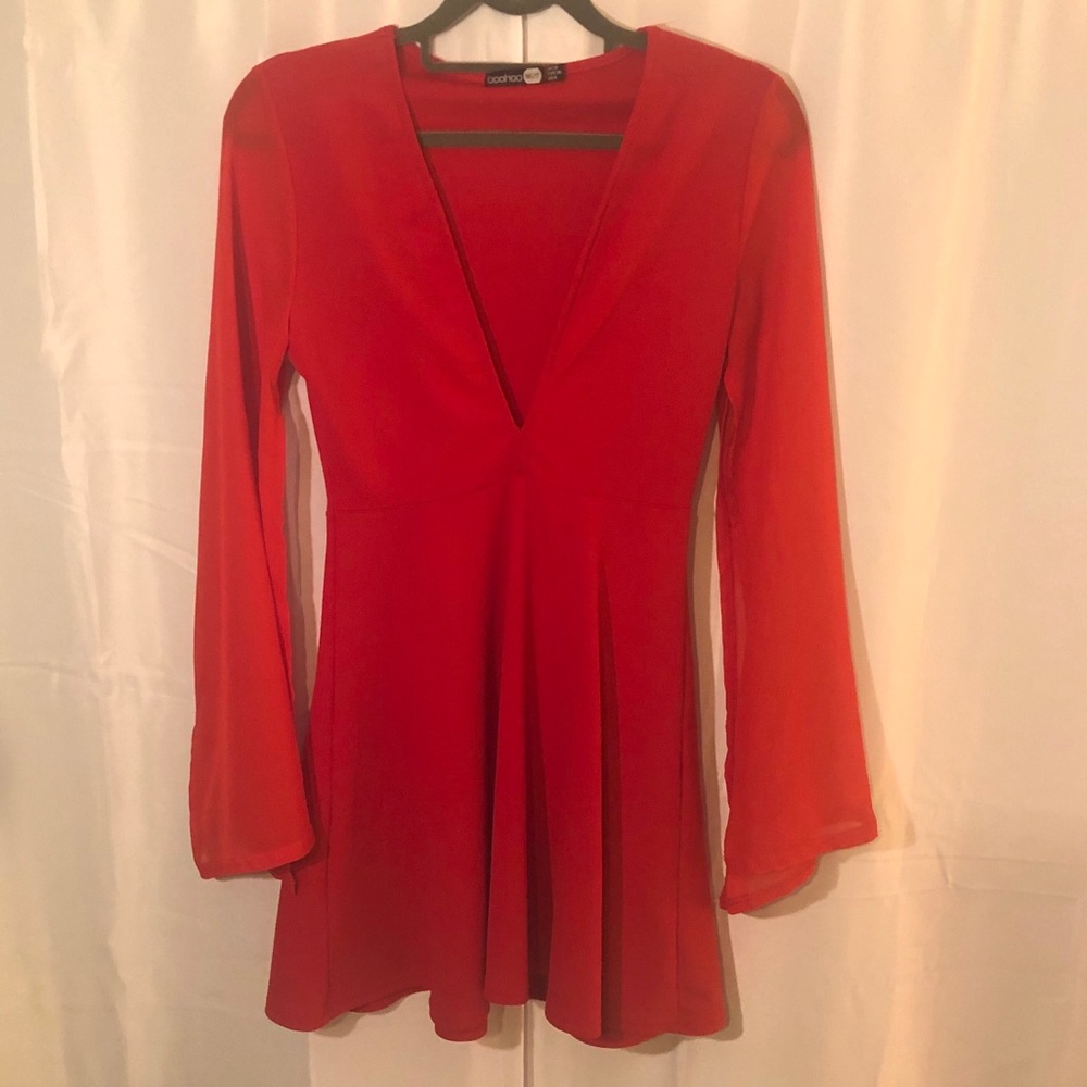 A-Line Cape Sleeve Deep-V Dress in Red